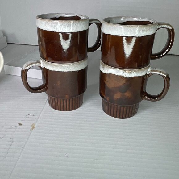 Lot of 4 drip glaze stackable Midcentury cups Japan chip - Picture 2 of 6